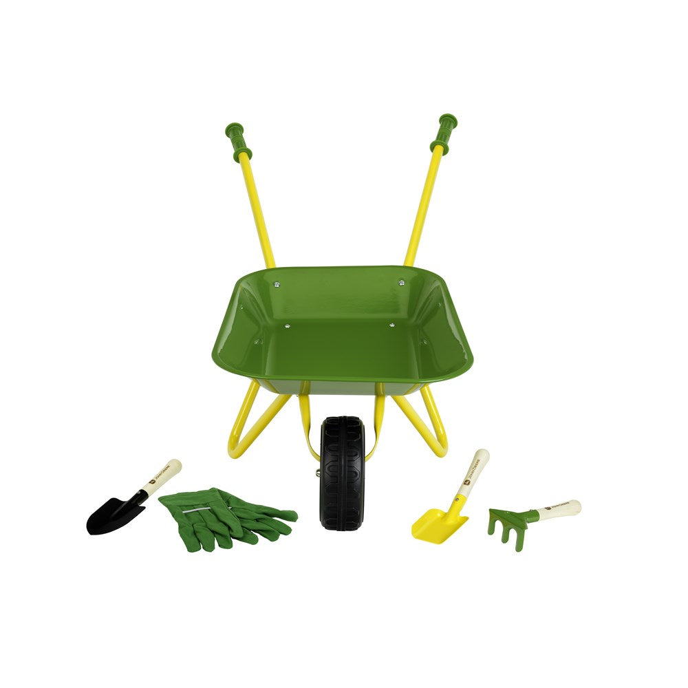 John Deere Kids Metal Wheelbarrow Set with Gloves, Shovel Rake & Spade Toy Set