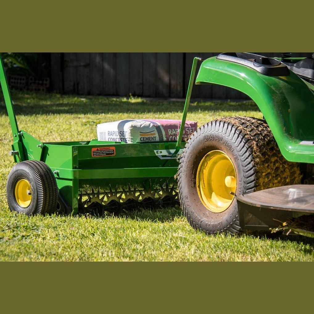 John Deere 40inch Tow-behind Spike Aerator & Spreader for Ride-on Mowers - RDO Equipment