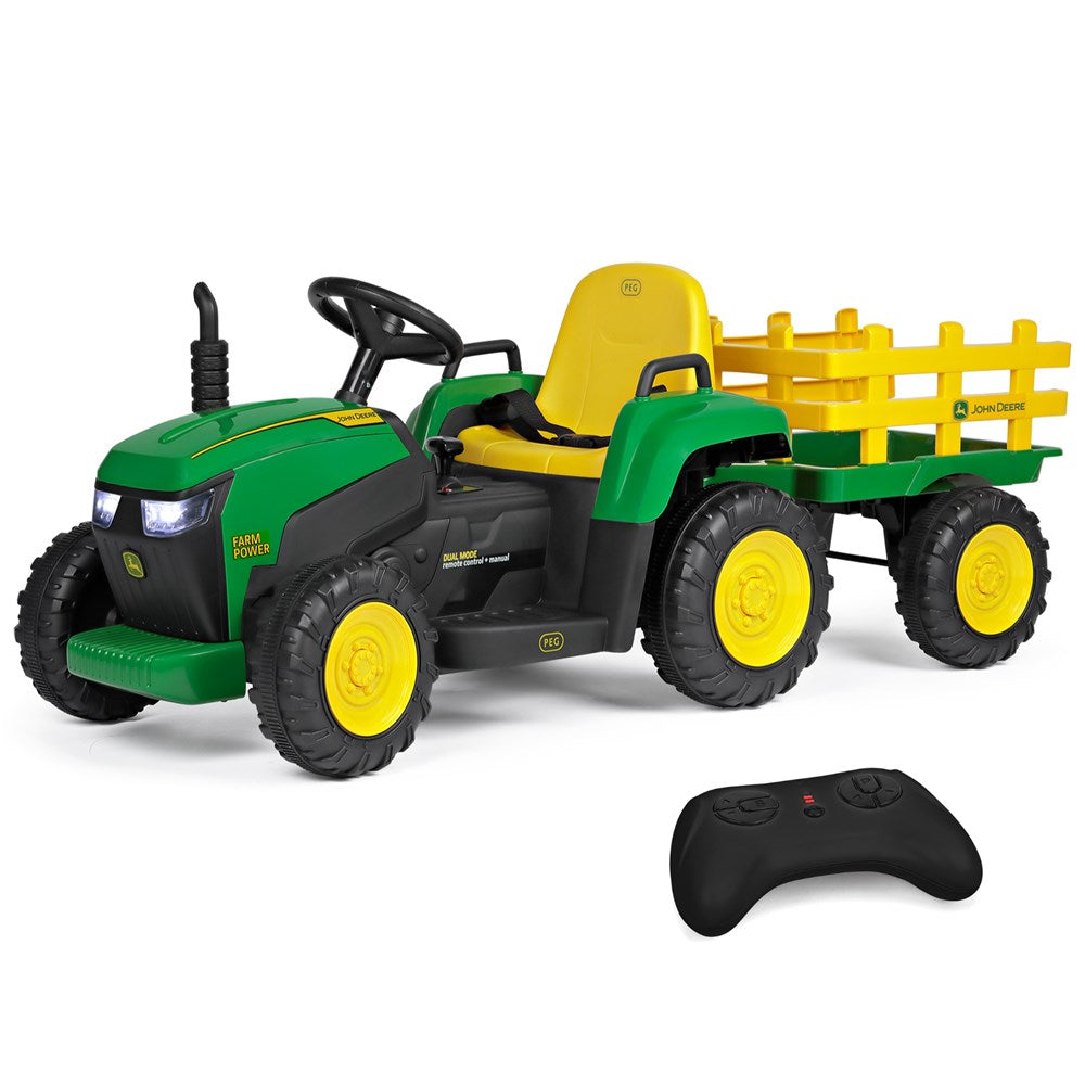 John Deere 12V Farm Power Tractor Ride-On with Remote & Trailer