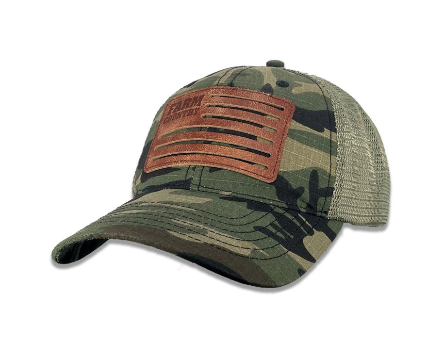 John Deere Men's Traditional Camo Leather Flag Trucker Cap