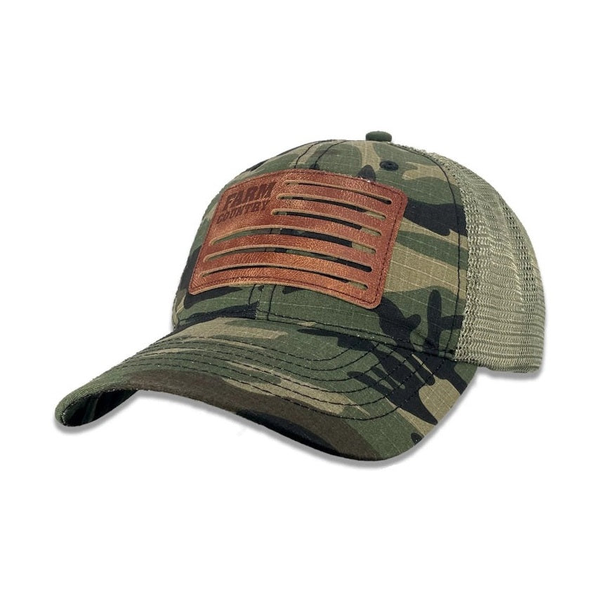 John Deere Men's Traditional Camo Leather Flag Trucker Cap