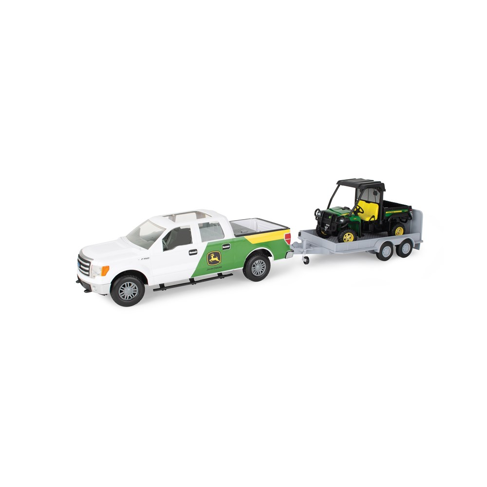 1:16 Big Farm Ford F-150 with John Deere graphics towing a trailer carrying a John Deere Gator