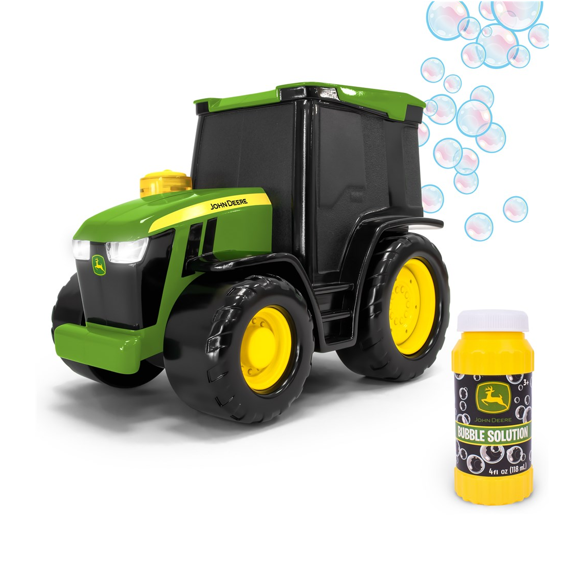 Green John Deere Bubble 'N' Go toy tractor beside a 118 ml bottle of bubble solution