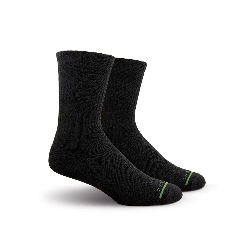 Pair of black John Deere crew performance socks with green toe detail