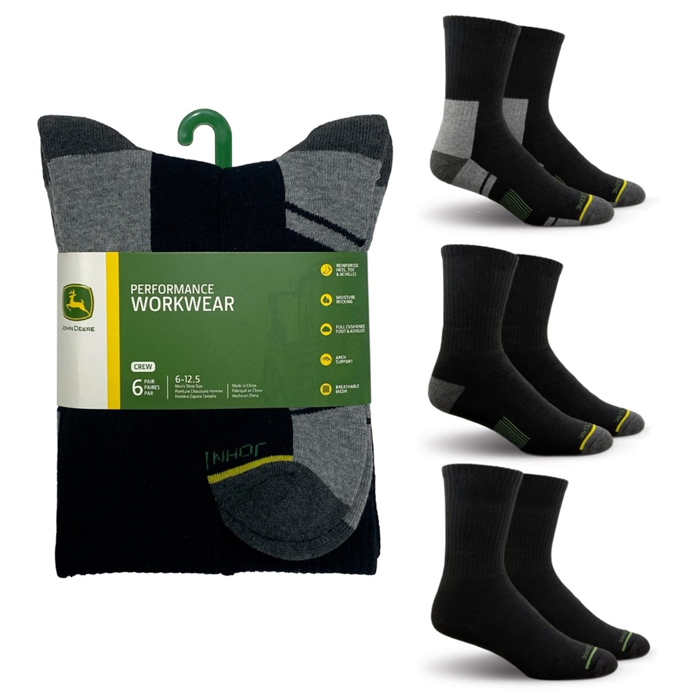 John Deere six-pack of black crew performance socks with three sock designs shown