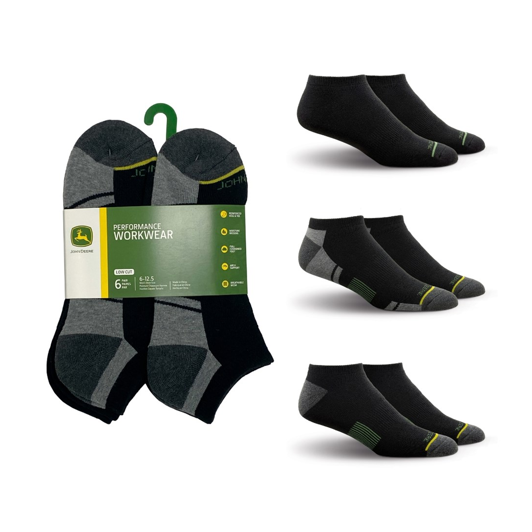 John Deere six-pair low-cut performance sock pack in black with three sock styles shown