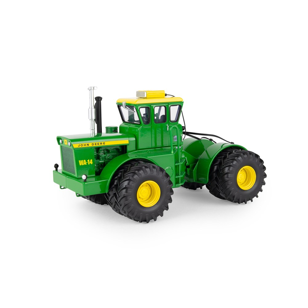 Green and yellow John Deere WA-14 articulated tractor model in 1:32 scale on a white background