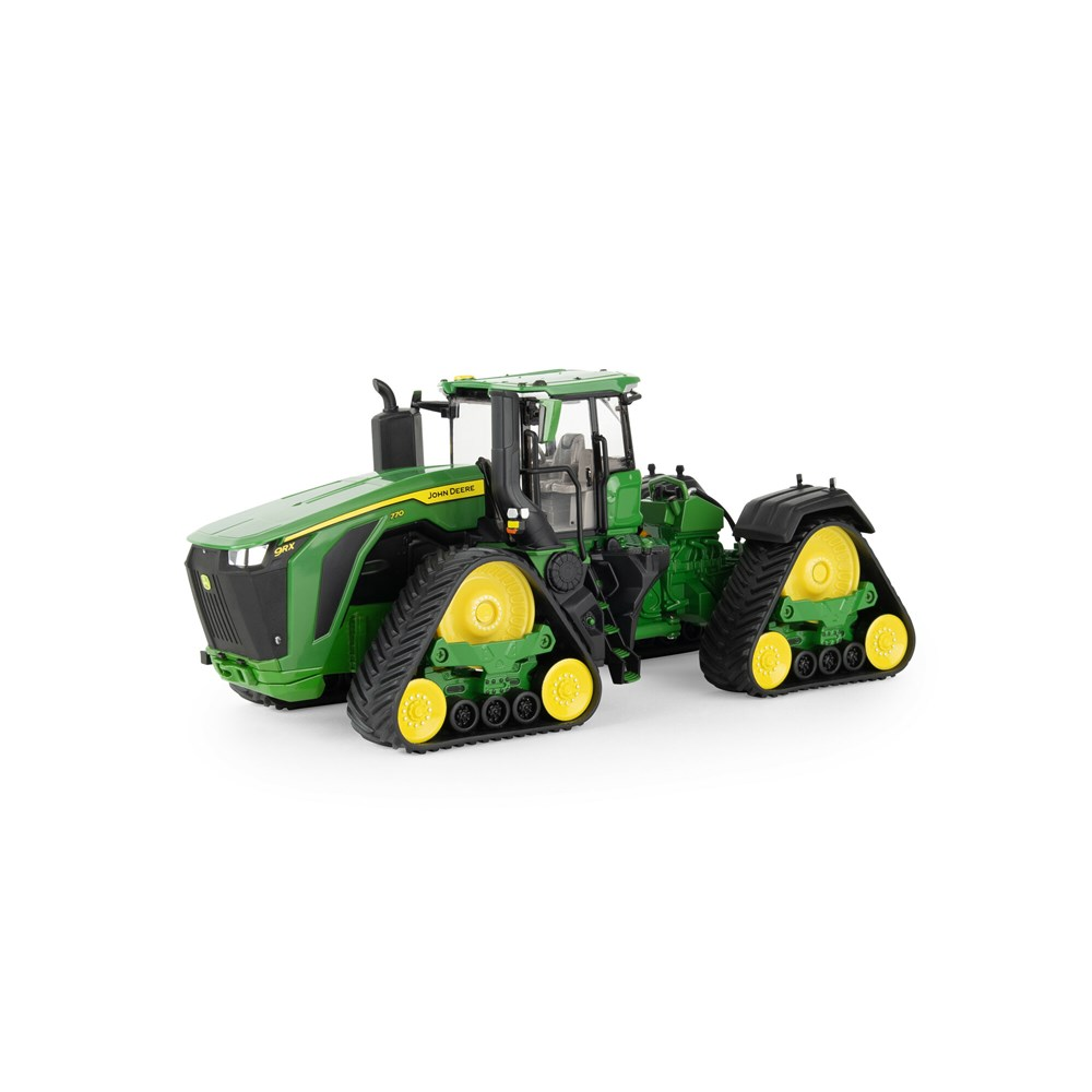 Green and yellow John Deere 9RX 770 HHP tracked tractor model in 1:32 scale on a white background