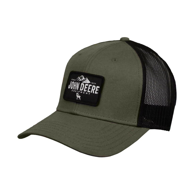 Olive John Deere cap with black mesh back and black front patch