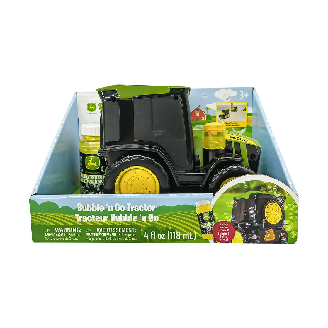 John Deere Bubble 'N' Go tractor with bubble solution in retail packaging