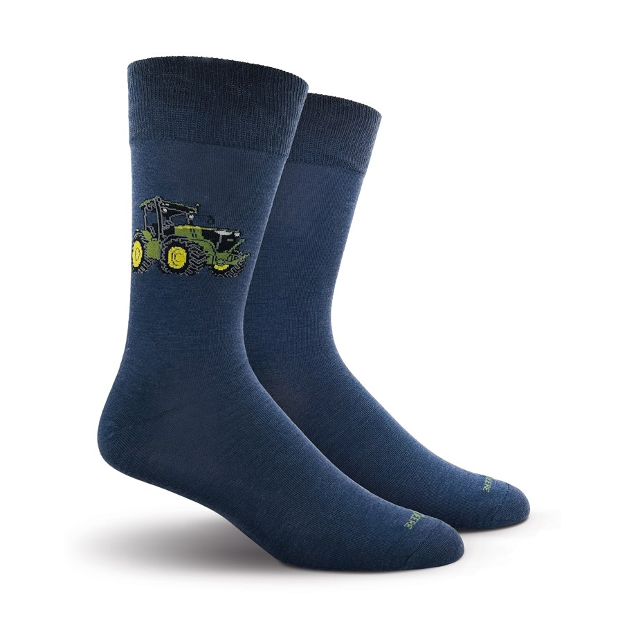 Blue dress socks with John Deere tractor motif