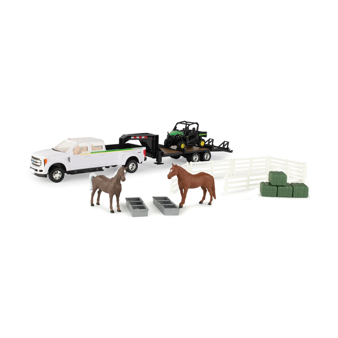 John Deere RSX860i Gator hauling set with Ford pickup, trailer, horses and farm accessories in 1:32 scale