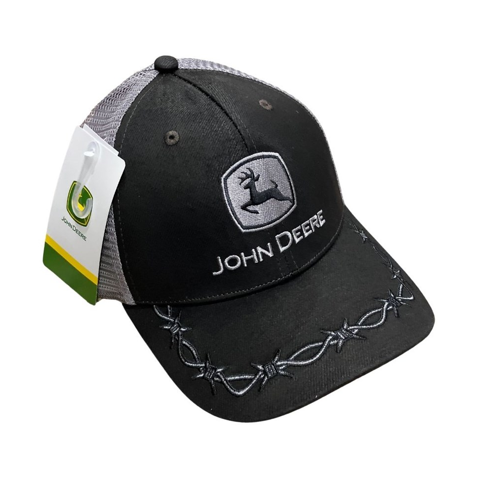 Angled view of black and silver John Deere trucker cap with silver mesh back and barbed-wire embroidered brim