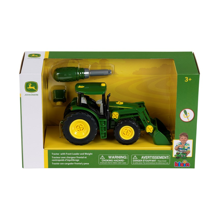 Front of John Deere buildable tractor with front loader and weight retail box