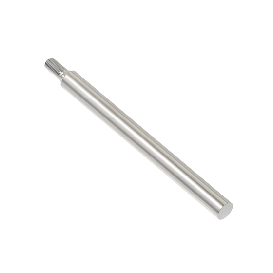 Metal John Deere M111134 front roller shaft with threaded end on a white background