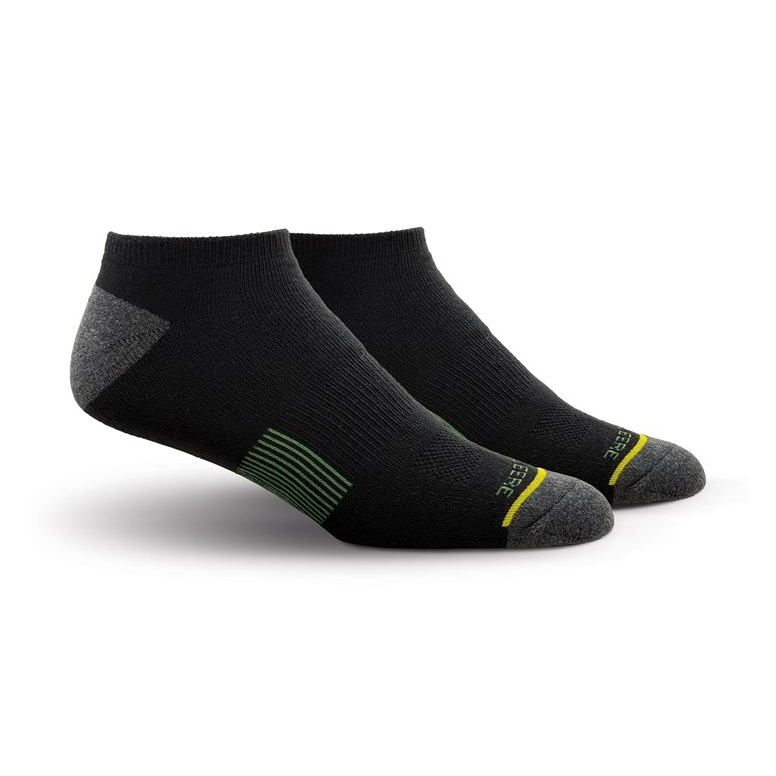 Black low-cut John Deere socks with grey toe and heel and green detail