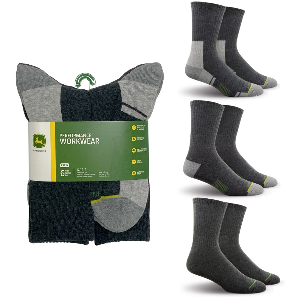 John Deere six-pack of black and grey crew performance workwear socks with three designs shown