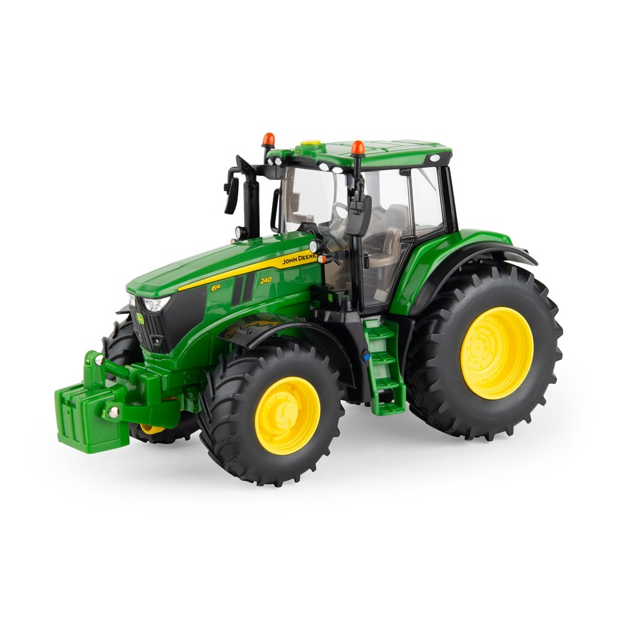 Green and yellow John Deere 6M 240 tractor model on a white background