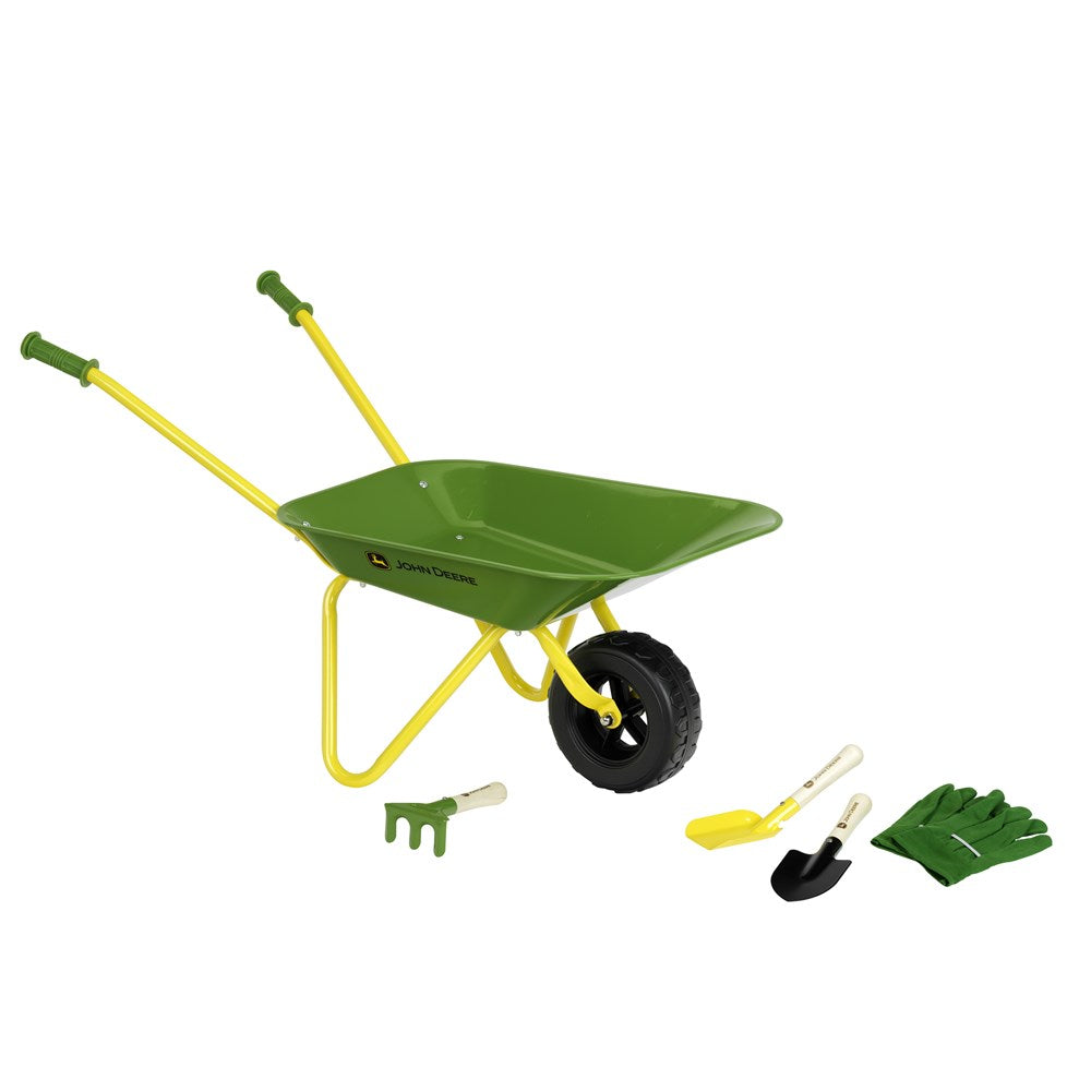 John Deere Kids Metal Wheelbarrow Set with Gloves, Shovel Rake & Spade Toy Set