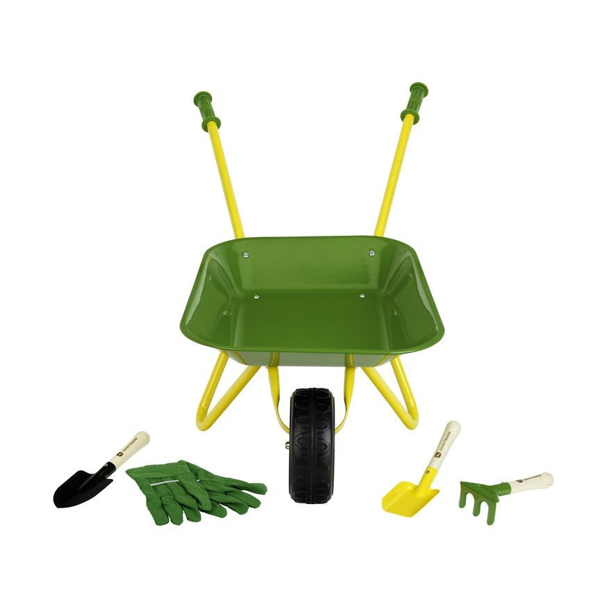 John Deere Kids Metal Wheelbarrow Set with Gloves, Shovel Rake & Spade Toy Set