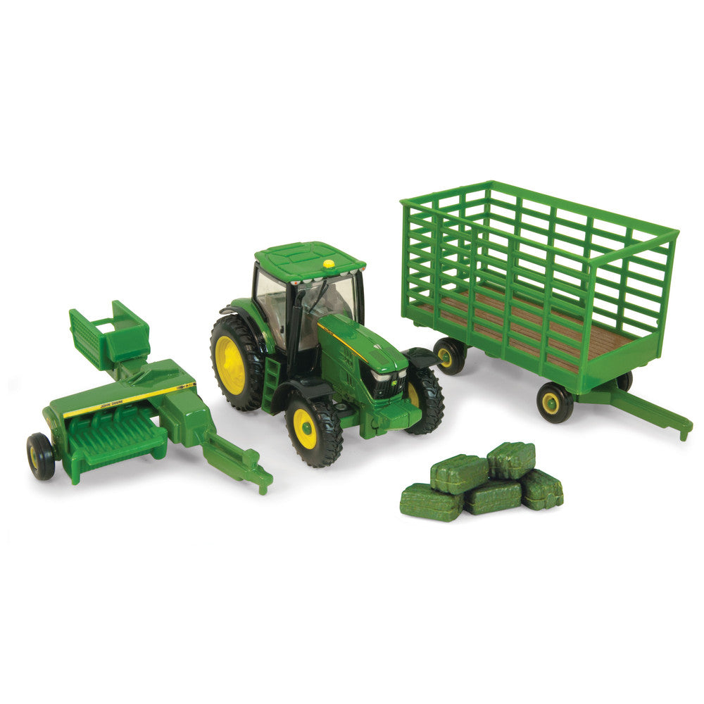 1:64 John Deere 6210R Tractor with Square Baler, Bale Wagon & 6 Bales Replica Toy