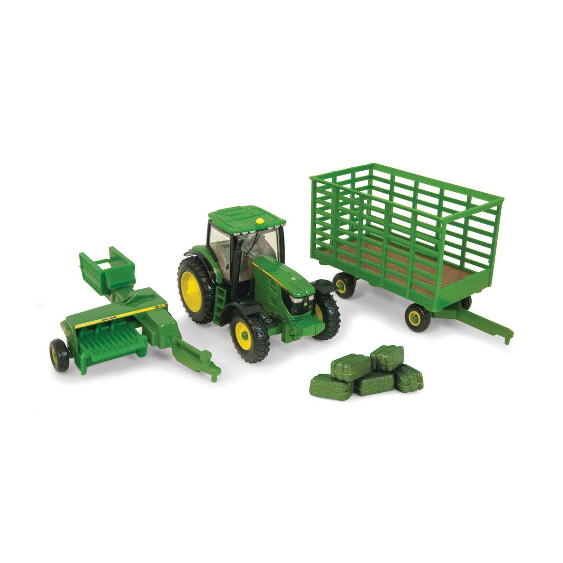 1:64 John Deere 6210R Tractor with Square Baler, Bale Wagon & 6 Bales Replica Toy
