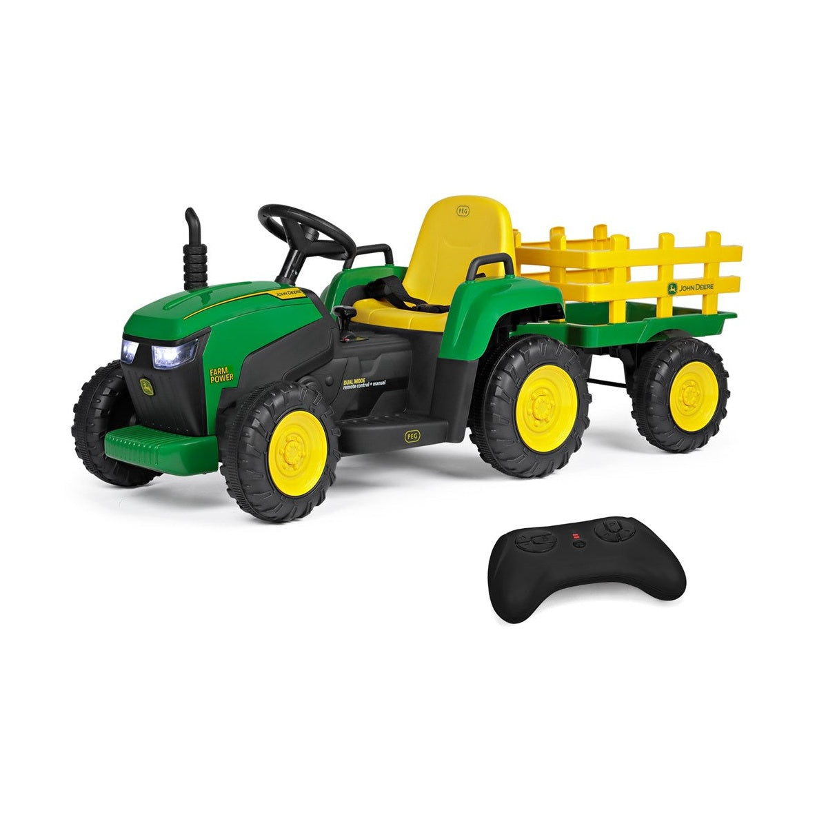 John Deere 12V Farm Power Tractor Ride-On with Remote & Trailer
