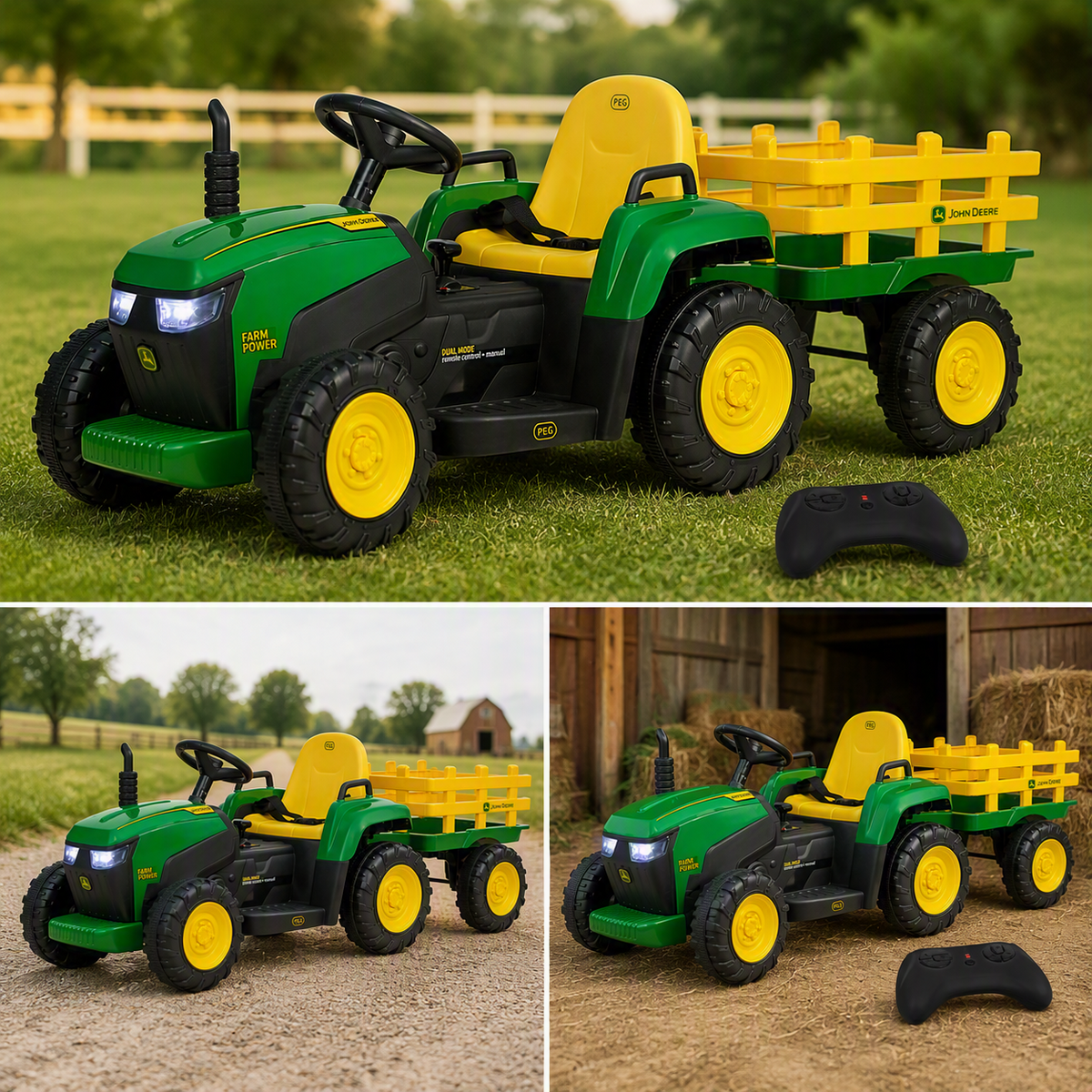 John Deere 12V Farm Power Tractor Ride-On with Remote & Trailer