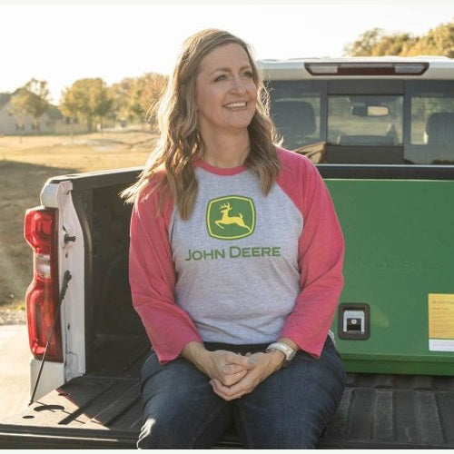 John Deere Women's Pink Raglan 3/4 Sleeve Logo Tee - RDO Equipment