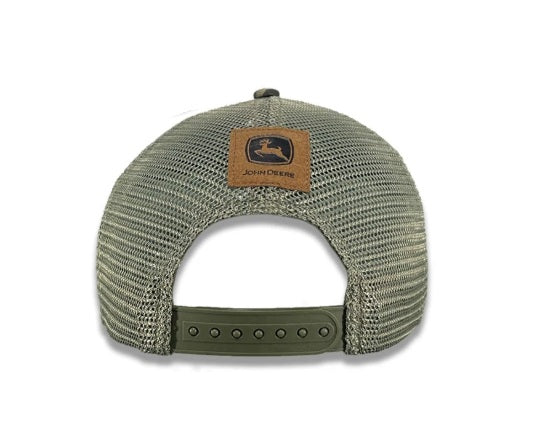 John Deere Men's Traditional Camo Leather Flag Trucker Cap