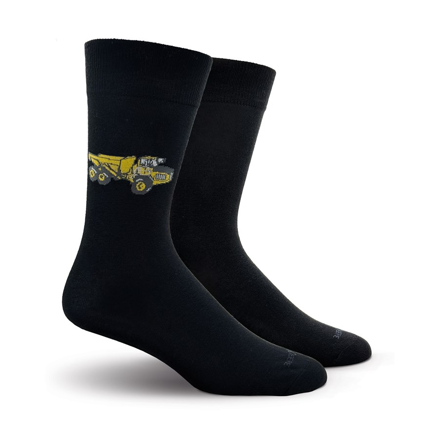 Black dress socks with yellow John Deere construction truck design