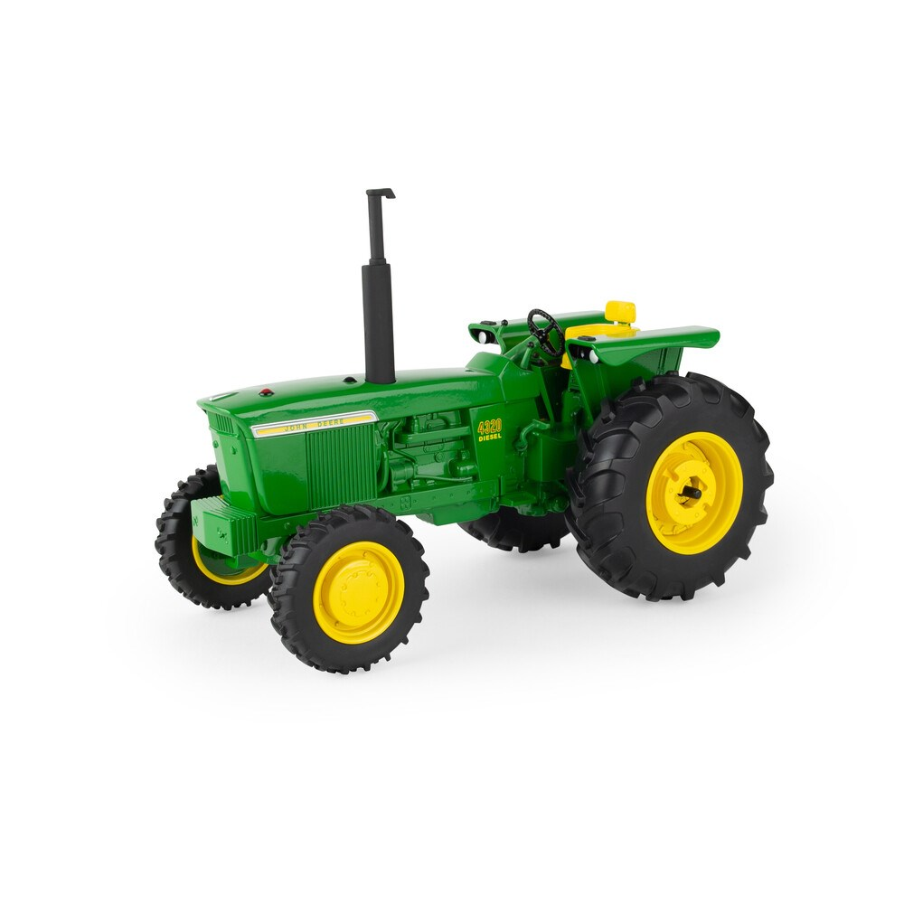 Green and yellow John Deere 4320 diesel tractor model on a white background