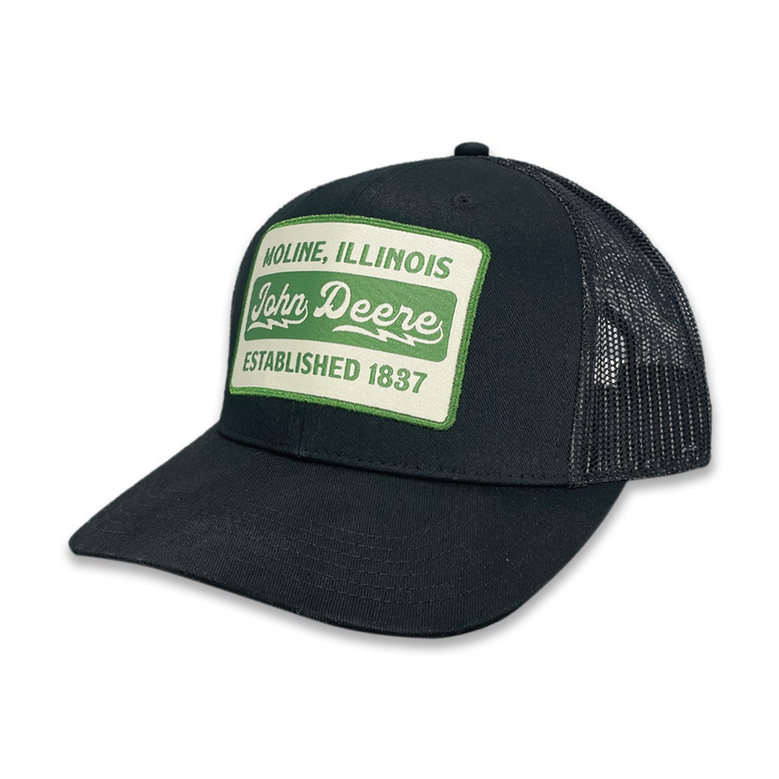 Black John Deere trucker cap with Moline Illinois Established 1837 front patch and mesh back