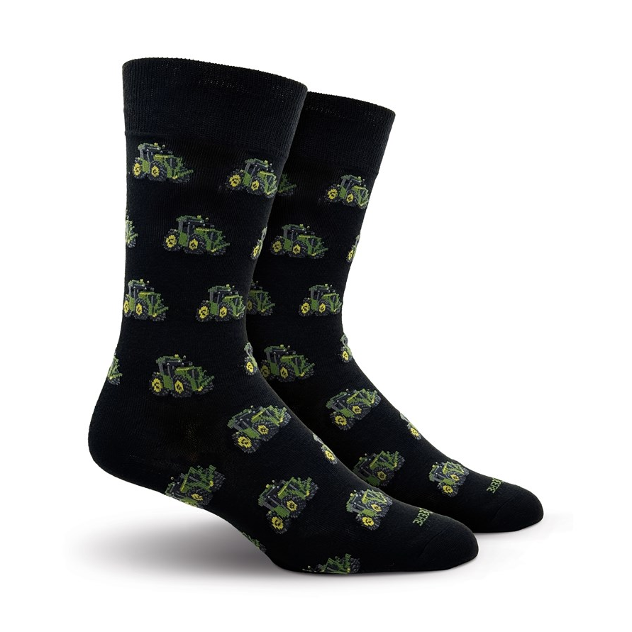 Black John Deere dress socks with repeating green tractor motif
