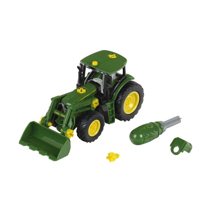 Assembled green John Deere 6215R toy tractor with front loader and separate assembly accessories on a white background