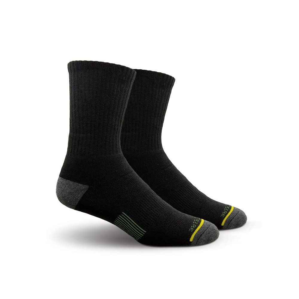 Pair of black John Deere crew performance socks with grey toe and heel panels