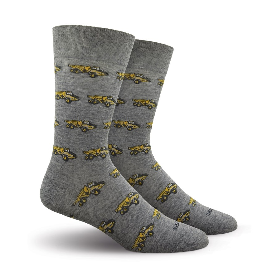 Grey dress socks with repeating yellow John Deere construction truck design