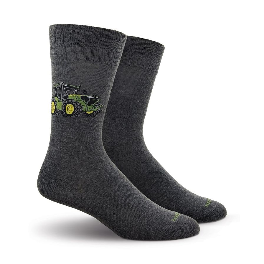 Grey John Deere dress sock with tractor motif, paired with a plain dark grey sock