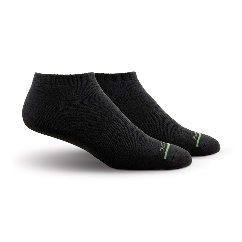 Black John Deere low-cut performance socks with green toe detail
