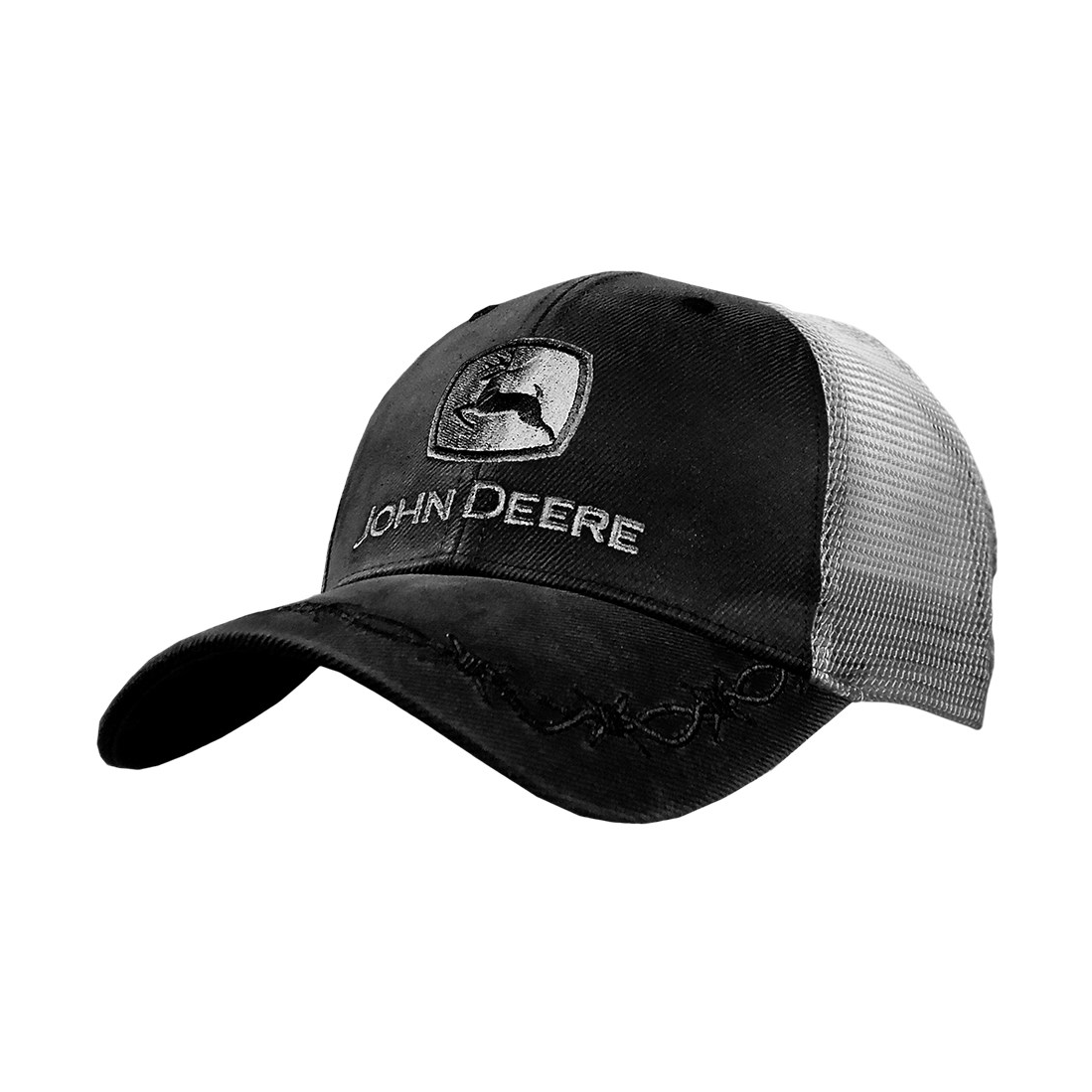 Black and silver John Deere trucker cap with embroidered logo and silver mesh back