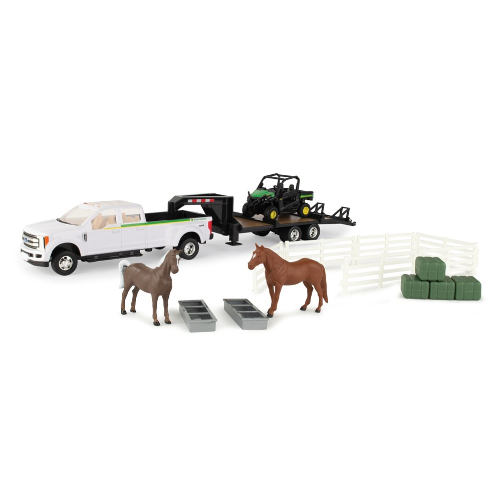 John Deere RSX860i Gator hauling set with Ford pickup, trailer, horses and farm accessories in 1:32 scale