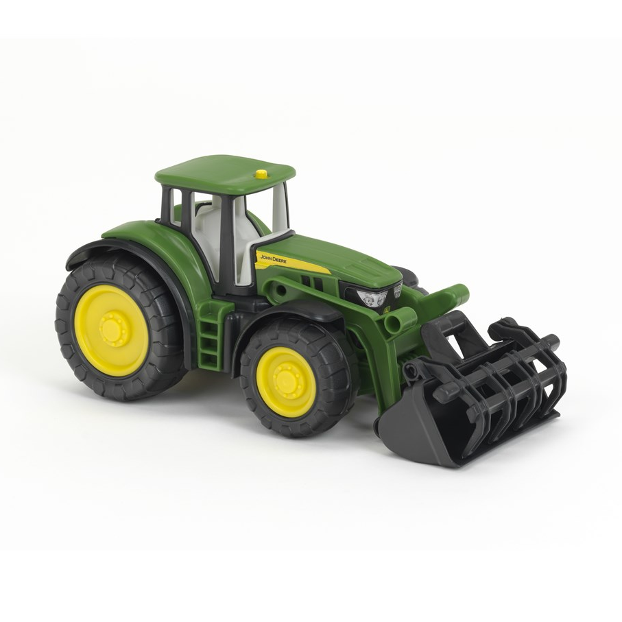 Green and yellow John Deere toy tractor with black front attachment on a white background