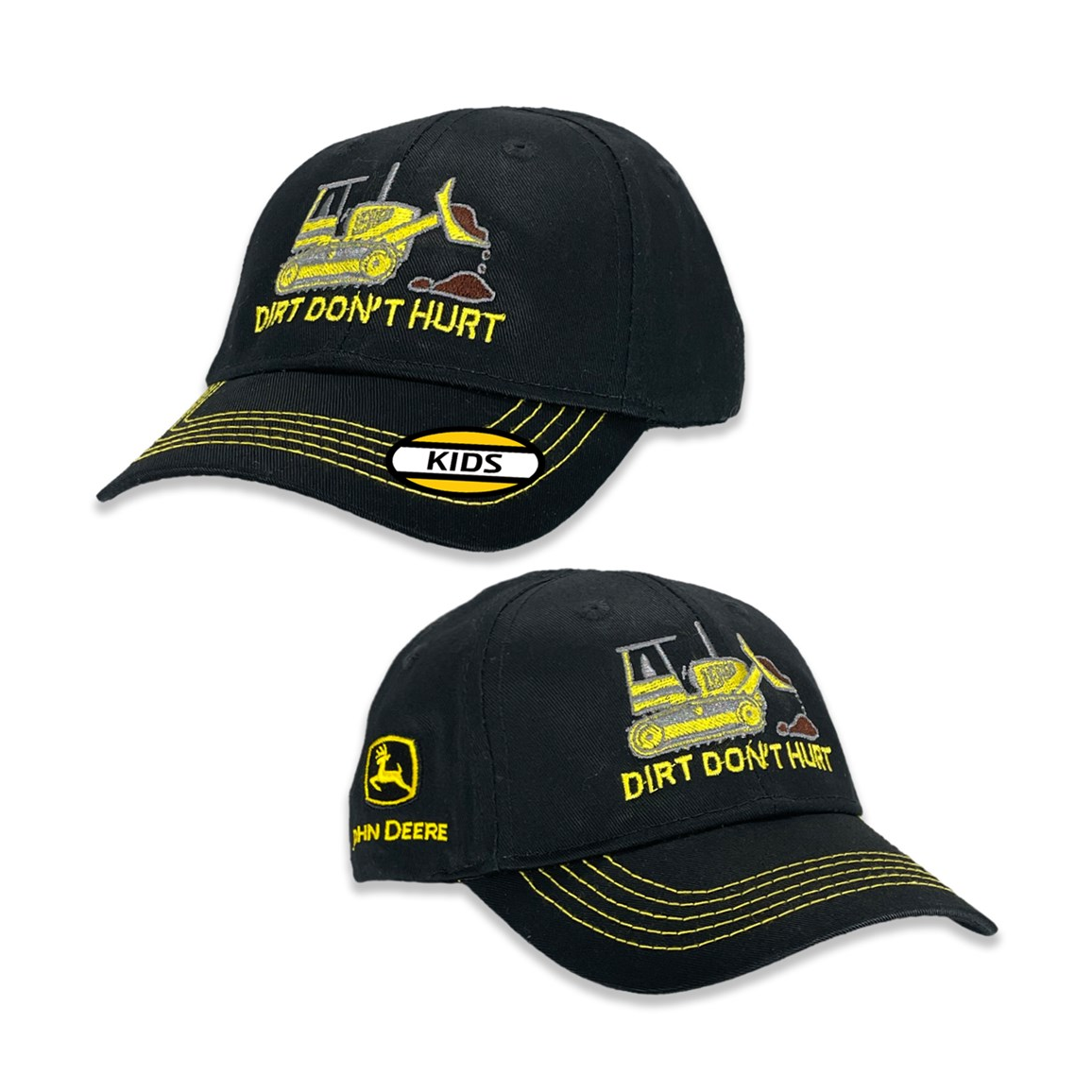 Two views of black John Deere kids cap with yellow Dirt Don't Hurt excavator graphic and curved peak