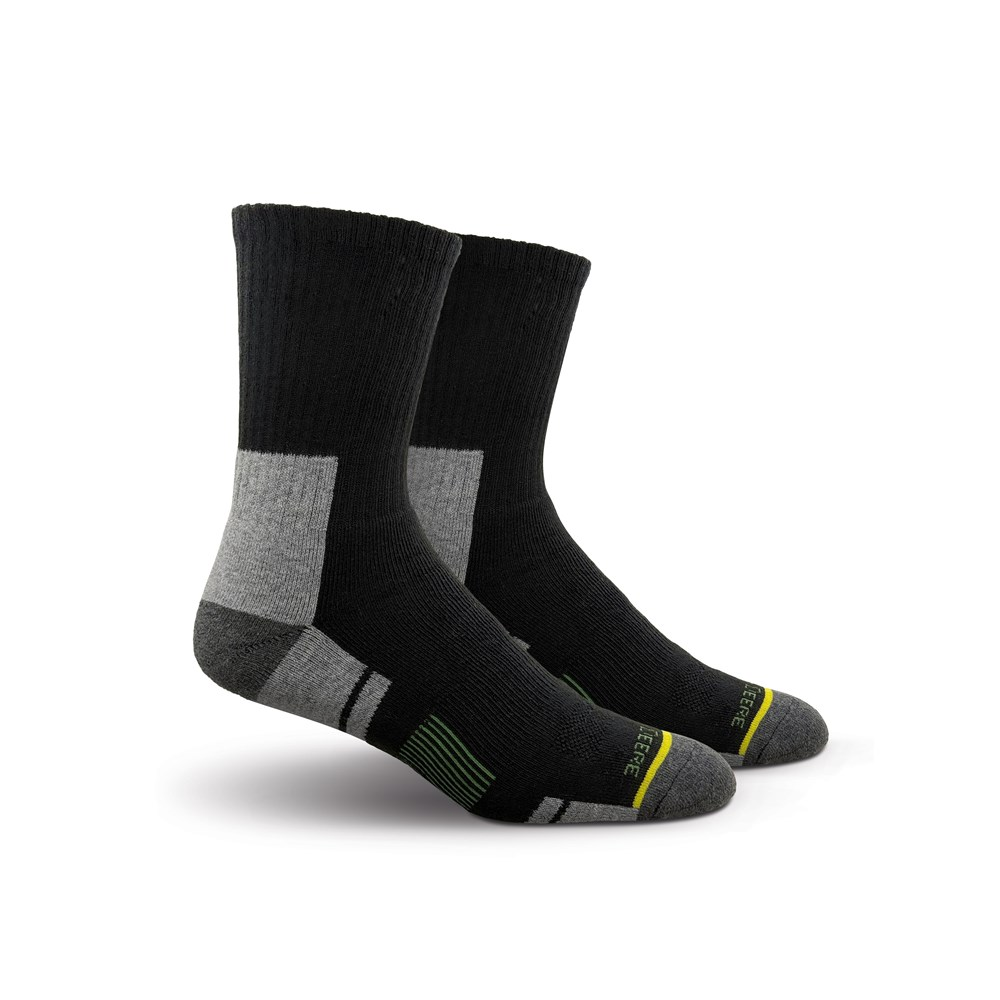 Pair of black John Deere crew performance socks with grey cushioned heel, sole and toe panels