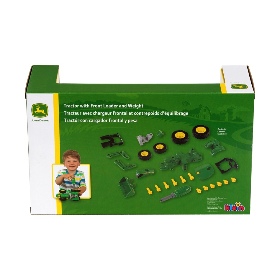 Back of John Deere buildable tractor with front loader and weight retail box showing the components