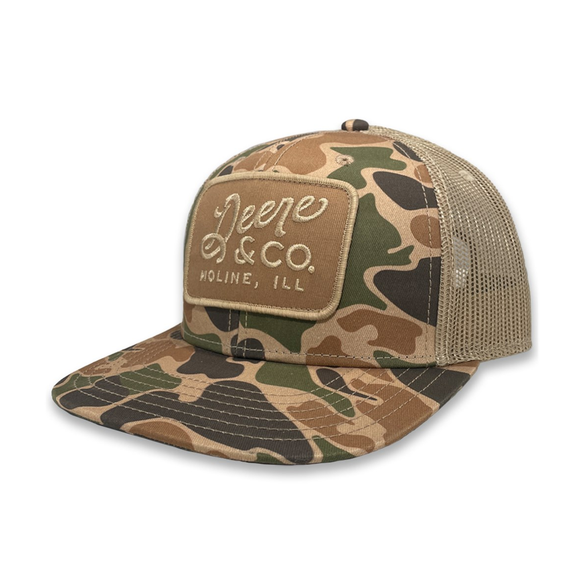 Duck camouflage cap with tan mesh back and embroidered Deere & Co. patch