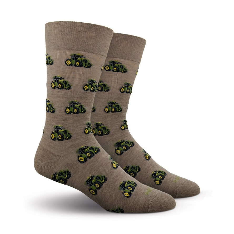 Taupe dress socks with repeating green John Deere tractor motif