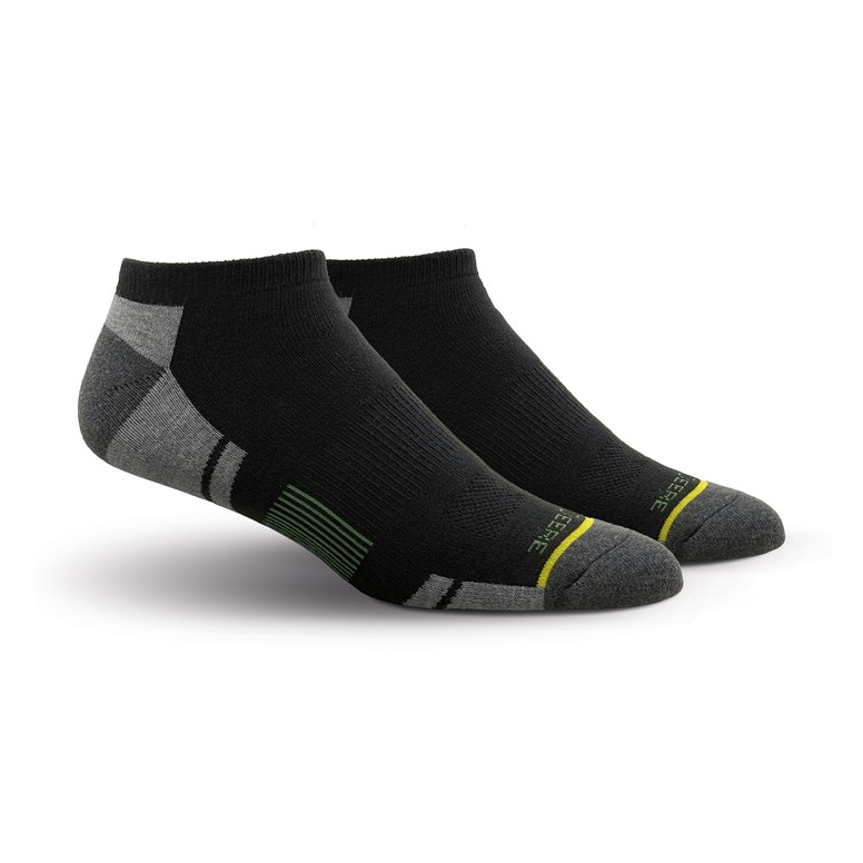 Black John Deere low-cut socks with grey heel and toe and green stripe detail