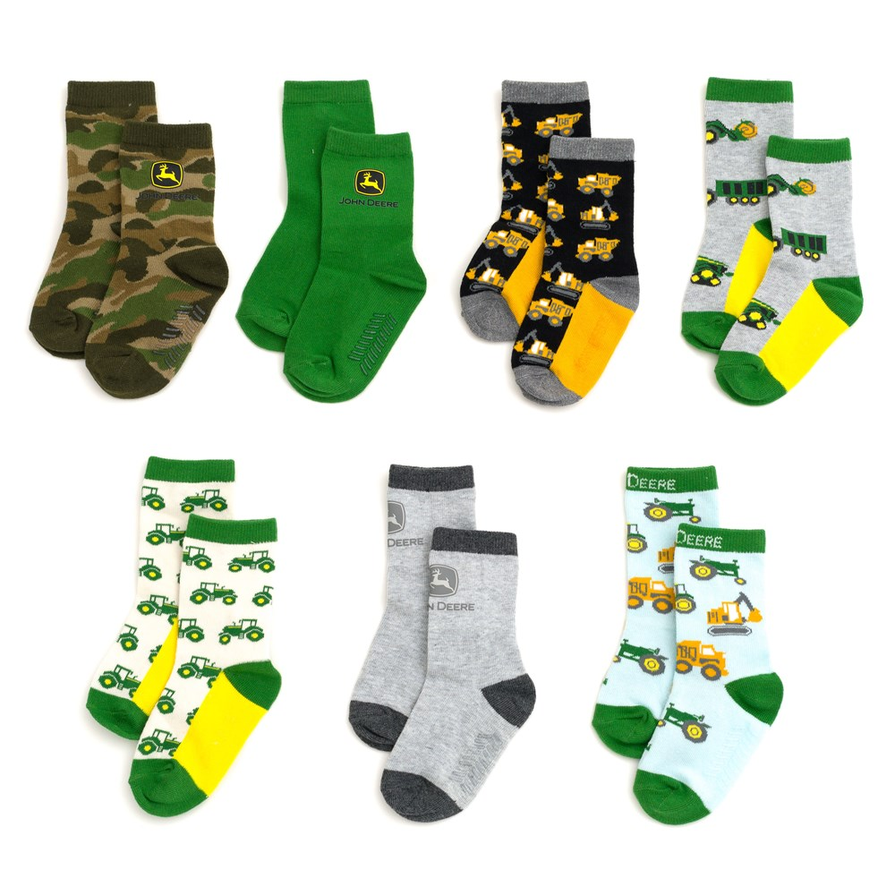 Seven pairs of John Deere kids crew socks in size 2T to 4T with tractor, construction vehicle, logo and camouflage designs