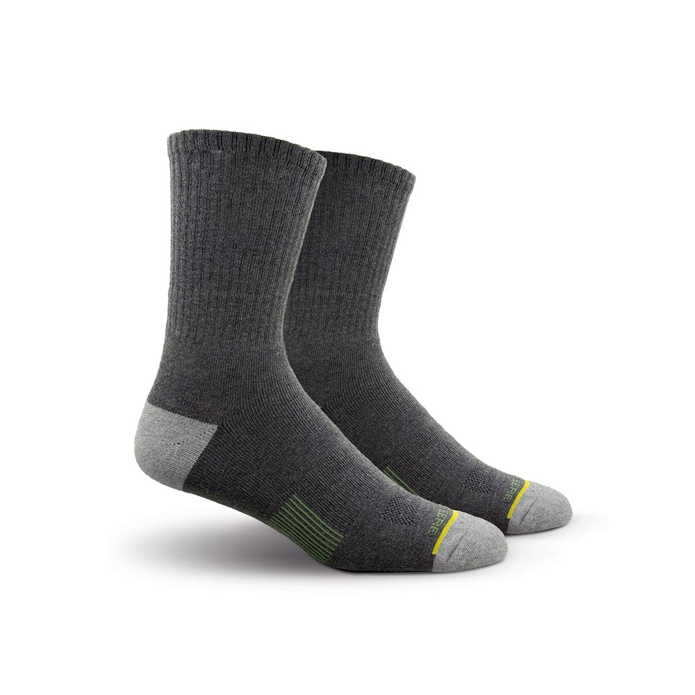 Pair of charcoal grey John Deere crew performance socks with light grey heel and toe panels